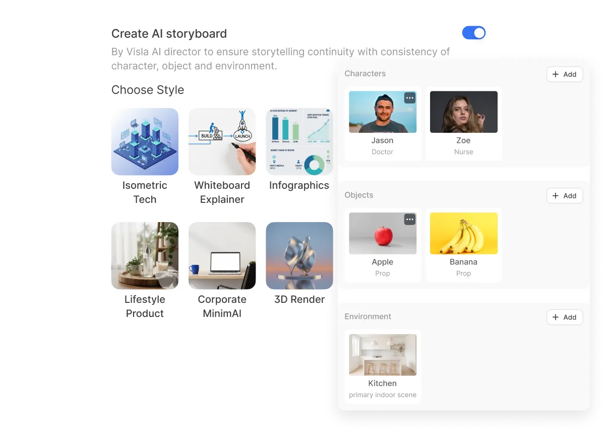 AI Director Mode interface for selecting characters, objects, and environments before generating storyboard scenes